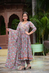 Pink and Blue paisley Floral Print Kurta Set